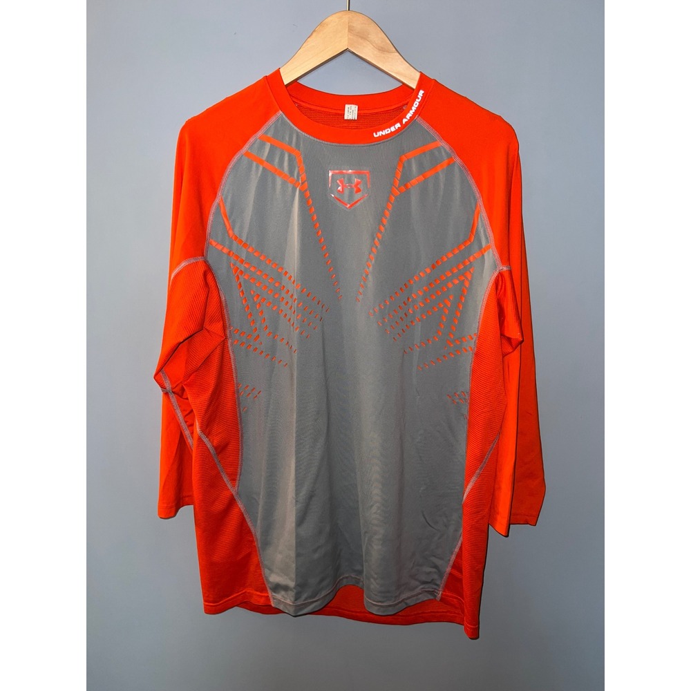 Under Armour Baseball Chest Protector Shirt Orange Grey‎ 3/4 Sleeve Mens XL